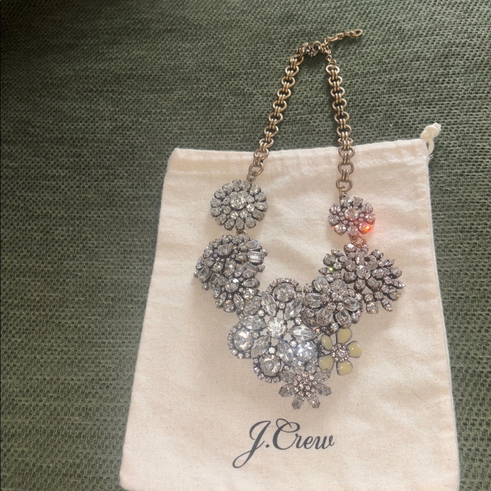 J. Crew Antique Gold Statement Necklace with Clear Crystal Floral Clusters